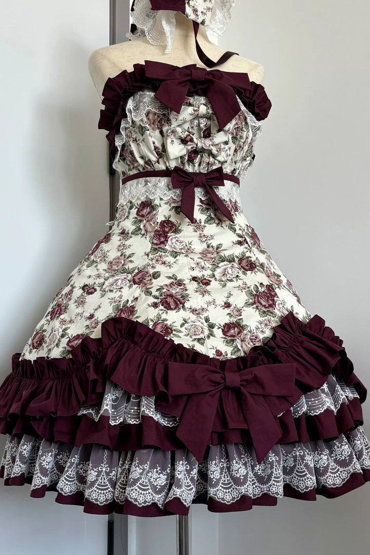 Burgundy Rose Flower Wall Printed Off Shoulder Sleeveless Ruffled Bow Lace Gothic Lolita Jsk Dress - Product - 6