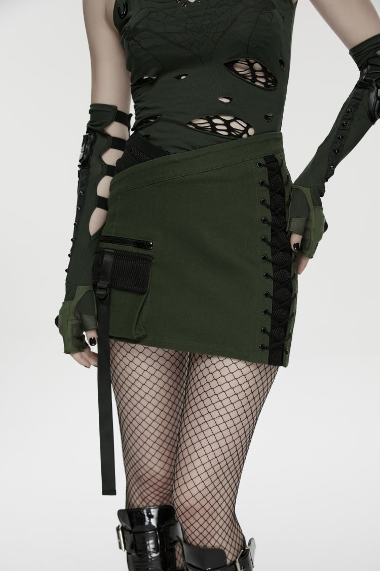 Black/Green Lace-Up Slim Asymmetric Zippered Eyelet Women's Punk Handsome Skirt - Product - 4