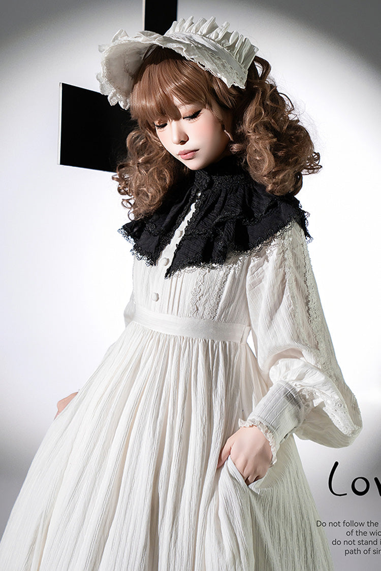 White [Quiet Place] Long Sleeves Jacquard Ruffle Embroidery Bowknot Gothic Lolita Dress - Product - 7