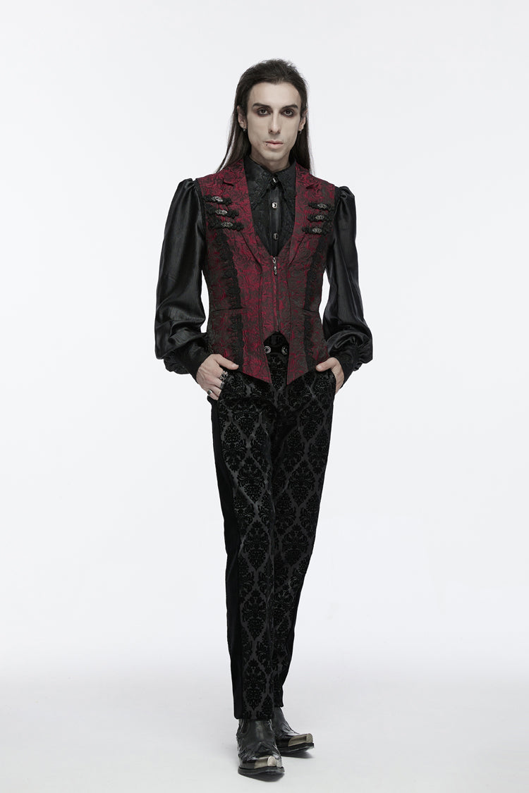 Red Sleeveless Jacquard Buckle Zip Men's Gothic Waistcoat - Product - 5