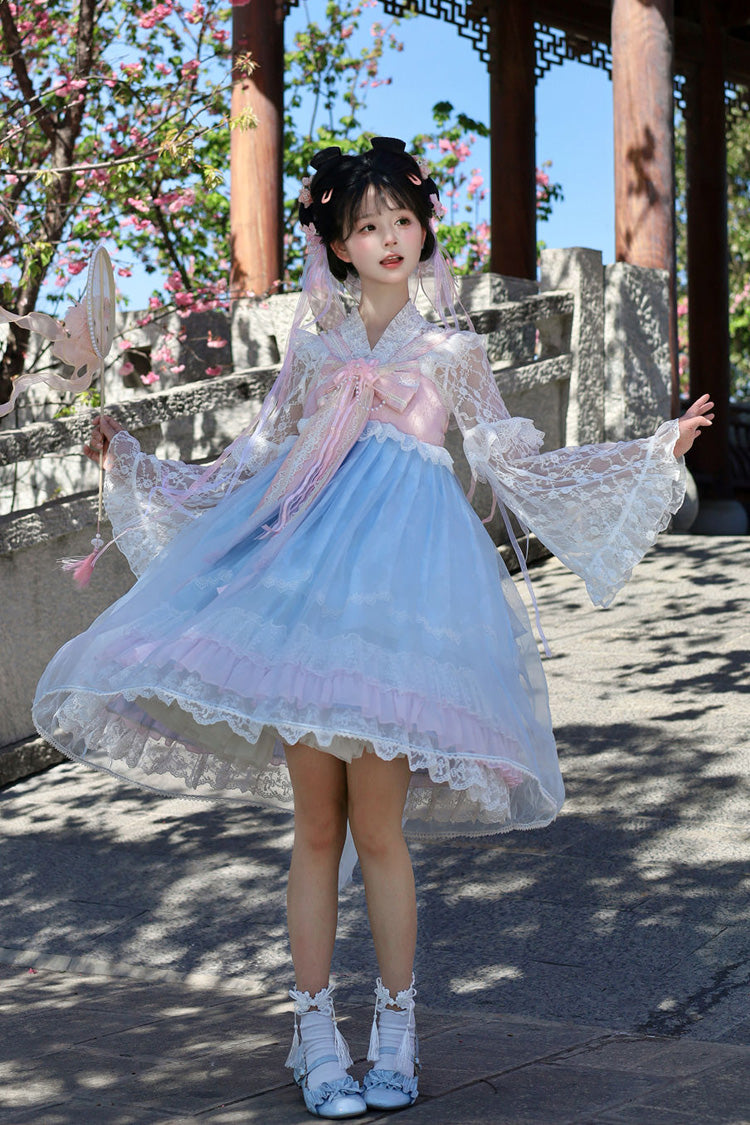 [Peach Blossoms in Spring Fields] Sleeveless Ruffle Bowknot Lace Sweet Chinese Style Lolita Jsk Dress 3 Colors - Product - 6