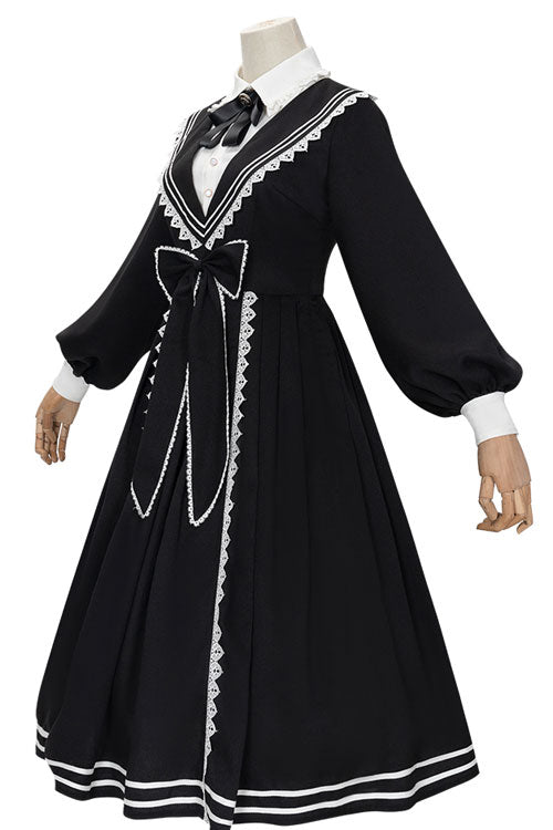 Black Elegant Bowknot Long Sleeves College Style Gothic Lolita Dress - Product - 7