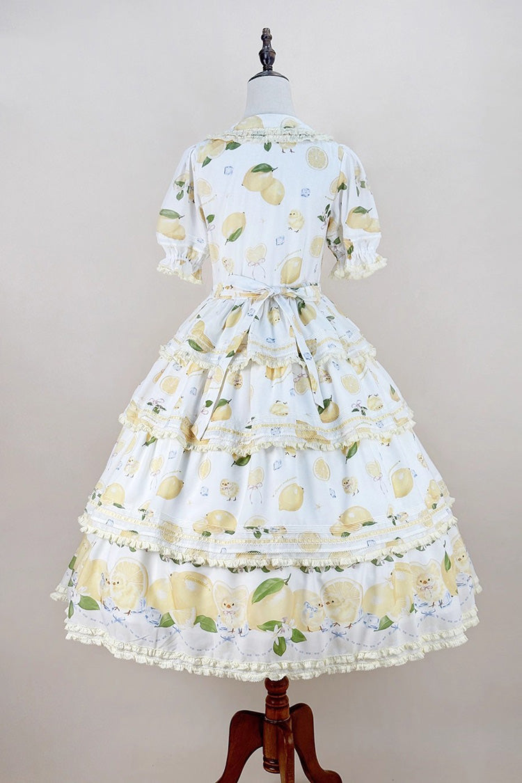 White [Lemon Chicken] Short Sleeves Triple-Layered Print Ruffle Bowknot Lace Sweet Gorgeous Lolita Dress - Product - 8