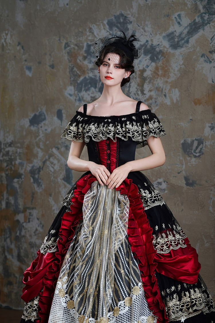 Black/Red Off Shoulder Short Sleeves Multi-Layered Ruffled Open-Front Mesh Gothic Vintage Palace Lolita Victorian Dress - Product - 7