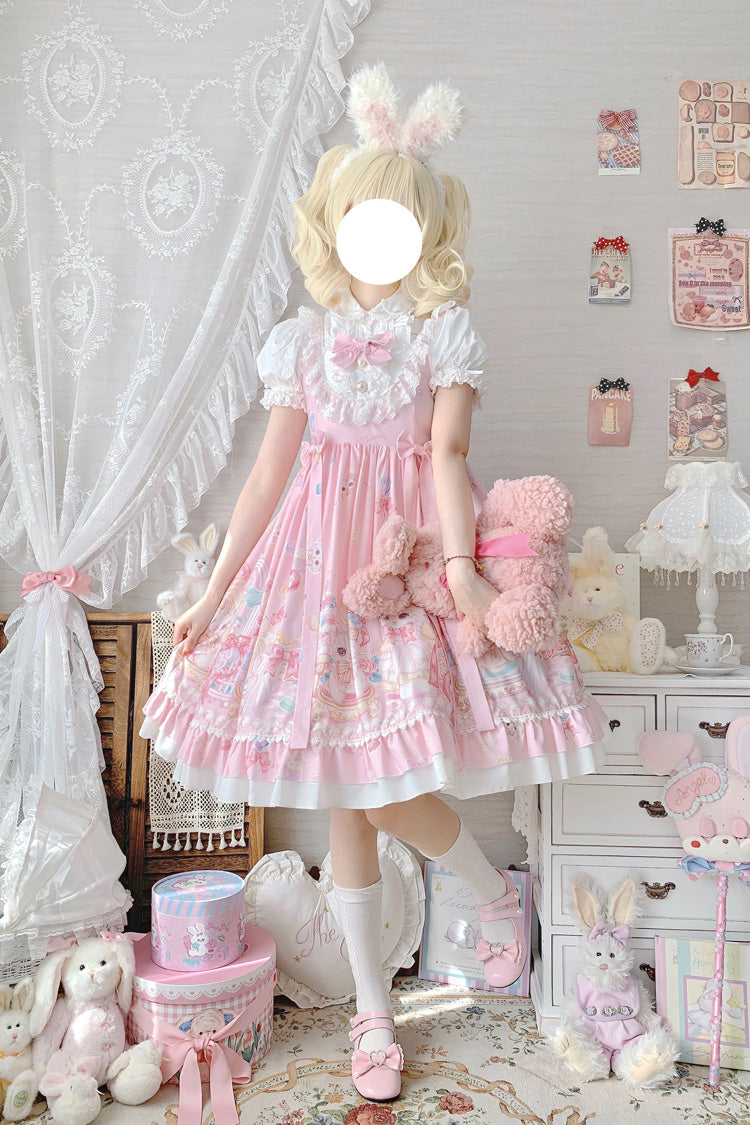 Pink Cute Cat Print High Waisted Ruffle Bowknot Sweet Princess Lolita JSK Dress - Product - 2