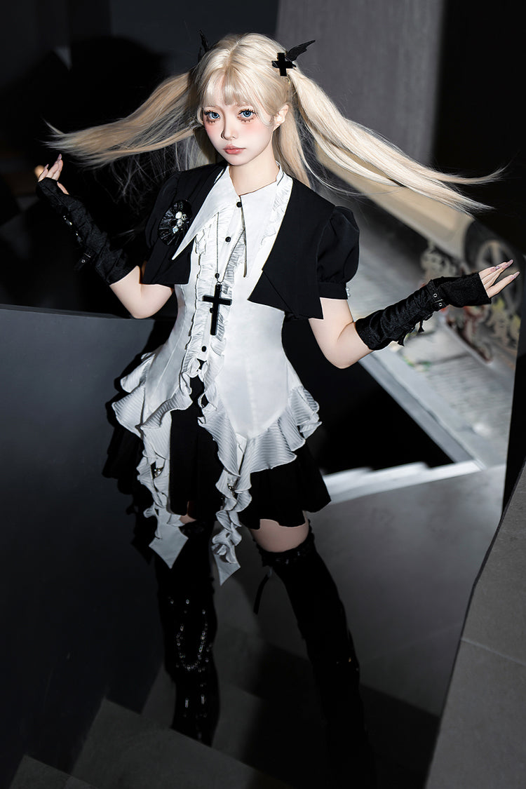 White Ruffle Irregular Clown Pointed Collar Gothic Ouji Lolita Blouse - Product - 10
