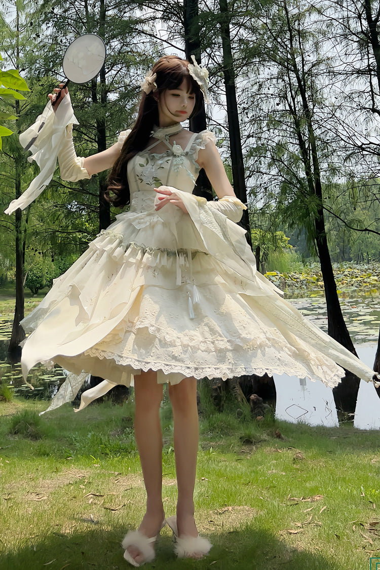 Apricot Print Ruffle Embroidery Bowknot Lace Sweet Chinese Style Lolita Jsk Dress Full Set - Product - 5