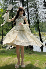 Apricot Print Ruffle Embroidery Bowknot Lace Sweet Chinese Style Lolita Jsk Dress Full Set - Product - 5