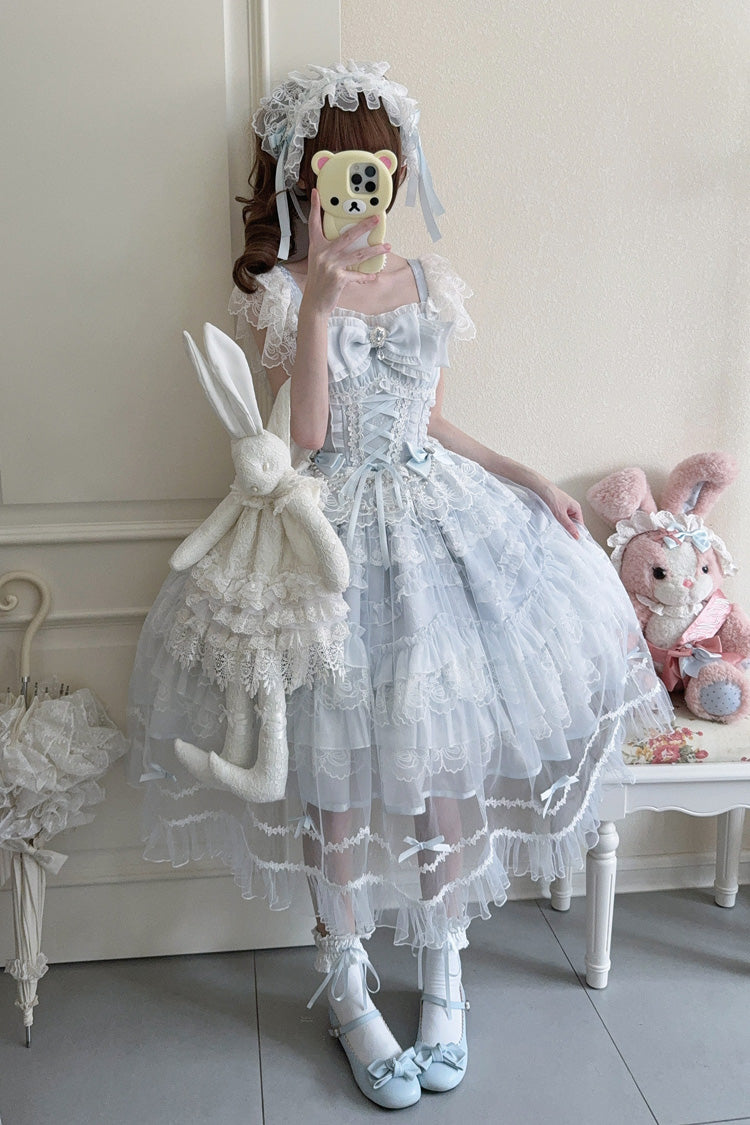 Blue [Eternal Vow] Sleeveless Multi-Layered Ruffle Hanayome Bowknot Lace Lace-Up Sweet Lolita Jsk Dress - Product - 7