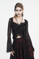 Black Lace Up Ruffled Trumpet Sleeves Mesh Women's Gothic Shirt - Black - 1