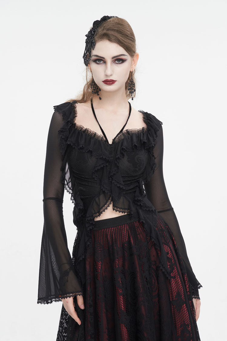 Black Lace Up Ruffled Trumpet Sleeves Mesh Women's Gothic Shirt - Black - 1