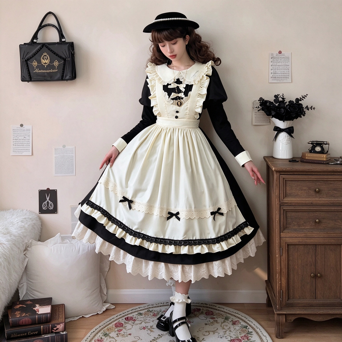 Black and Cream Ruffled Maid Lolita Dress with Apron Bow Accent - view 2