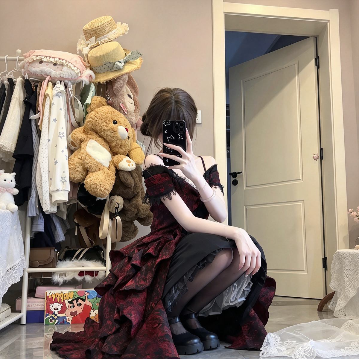 Red and Black Jacquard Ruffled Lolita Dress with Brooch Accent - view 4