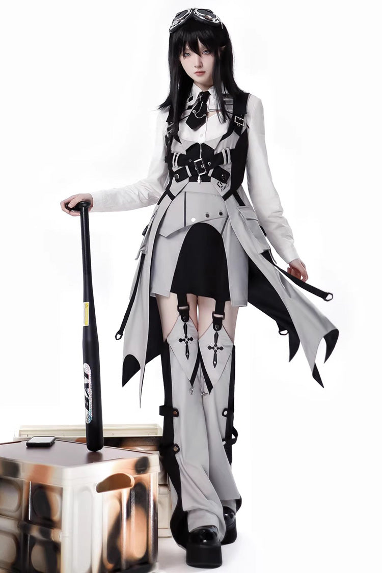 Black/White Long Sleeves Color Matching Handsome Sci-fi Lolita Skirt Set - Product - 6