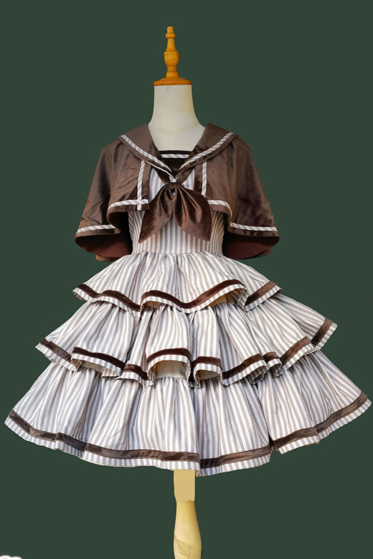 [From Afar] Sleeveless Triple-Layered Stripe Print Bowknot Sweet College Style Lolita Dress 2 Colors - Product - 3