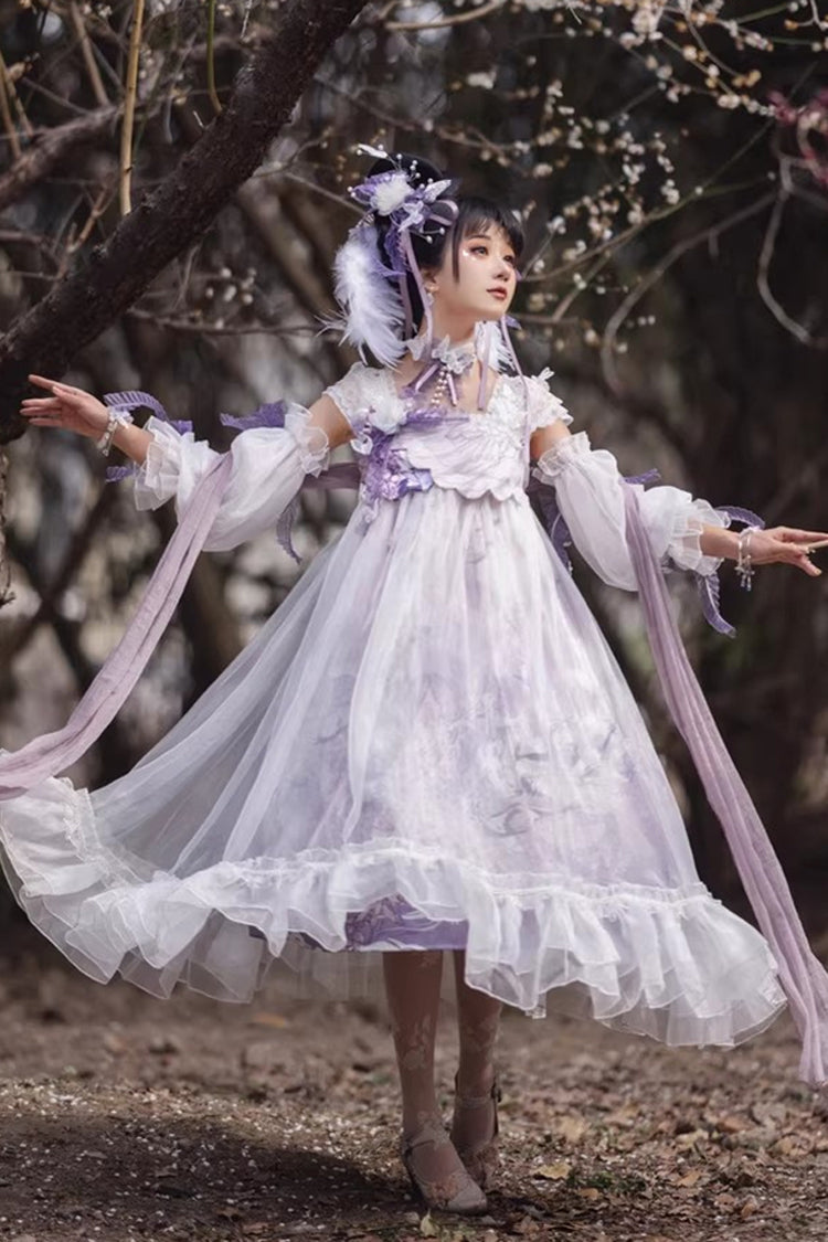 White/Purple Square Collar High Waisted Printed Ruffled Lace Pearl-Decorated Sweet Chinese Style Lolita Jsk Dress - Product - 3
