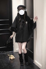 Black Long Sleeves Lace Gothic Japanese Lolita Fluffy Cloak Coat - Product - 8