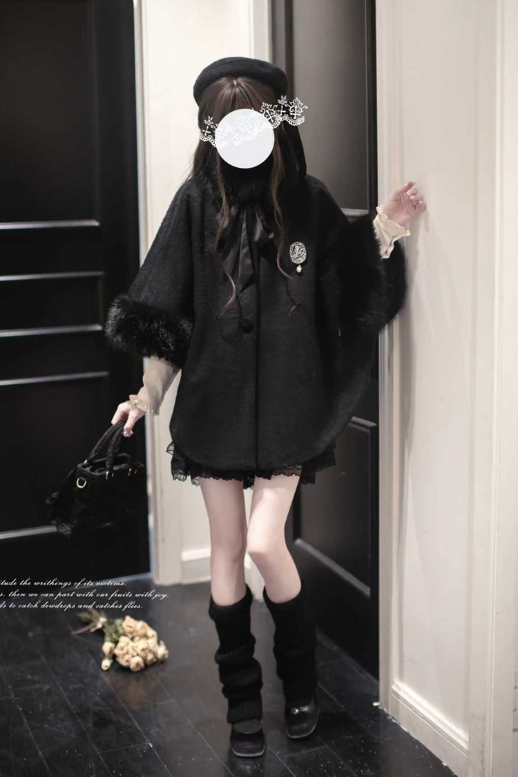 Black Long Sleeves Lace Gothic Japanese Lolita Fluffy Cloak Coat - Product - 8