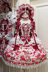 Red [Sweet Berry Bunny Bear] Half Sleeves Printed Bow Lace Lace-Up Sweet Lolita OP Dress - Red - 1