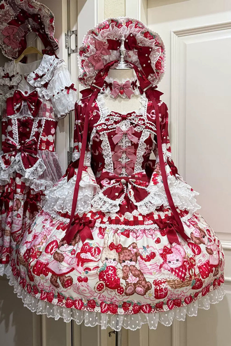 Red [Sweet Berry Bunny Bear] Half Sleeves Printed Bow Lace Lace-Up Sweet Lolita OP Dress - Red - 1
