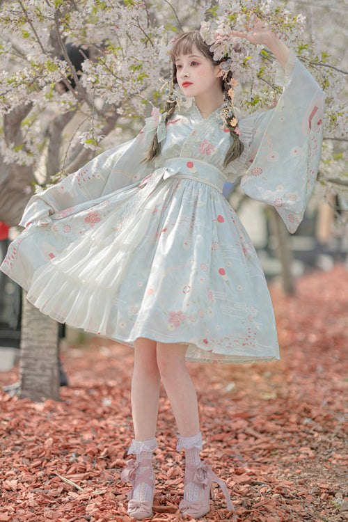 Japanese Trumpet Sleeves Lace Ruffled Cherry Blossom Print Sweet Lolita OP Dress - Product - 2