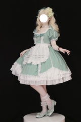 White/Green Spring Wood Branches Short Sleeves Ruffle Hanayome Bowknot Sweet Lolita Dress - White/Green - 1