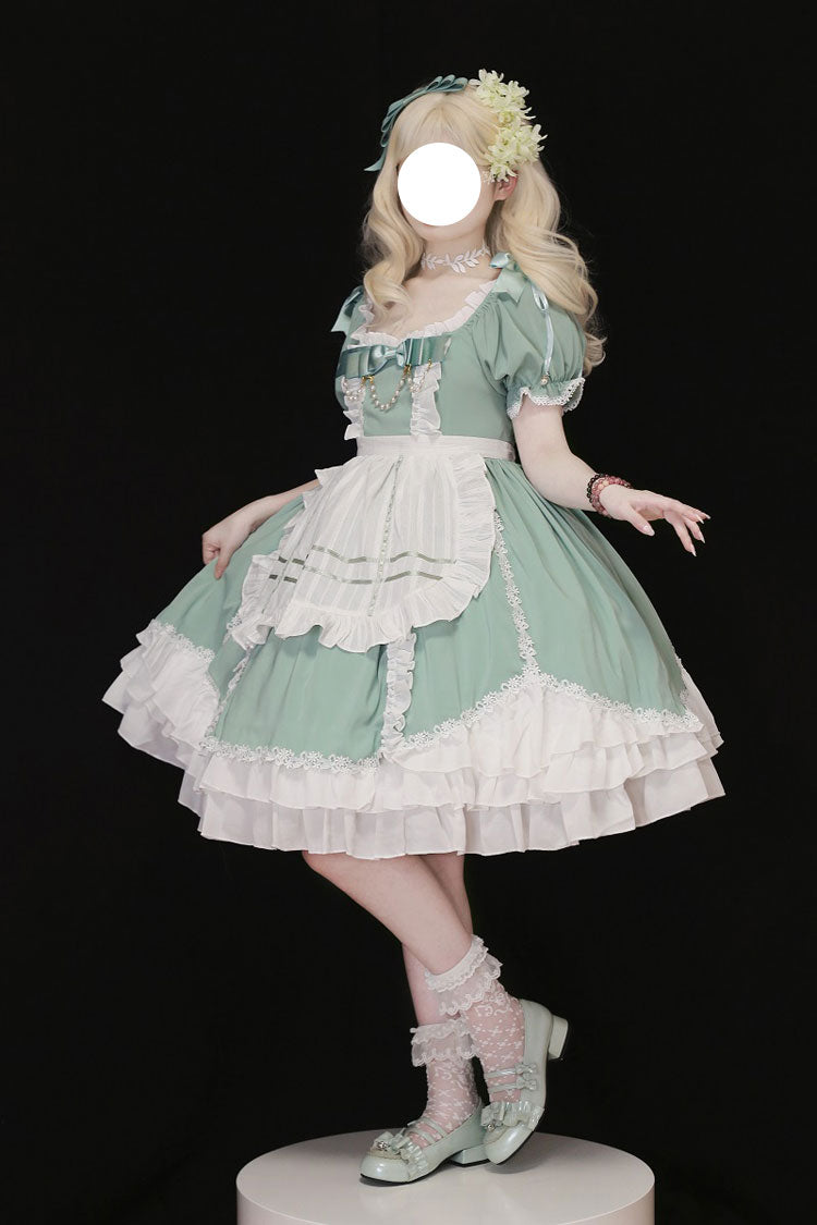 White/Green Spring Wood Branches Short Sleeves Ruffle Hanayome Bowknot Sweet Lolita Dress - White/Green - 1