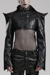 Black Stand Collar Zipper Faux Leather Sharp Shoulders Mens Steampunk Short Coat - Black - 1