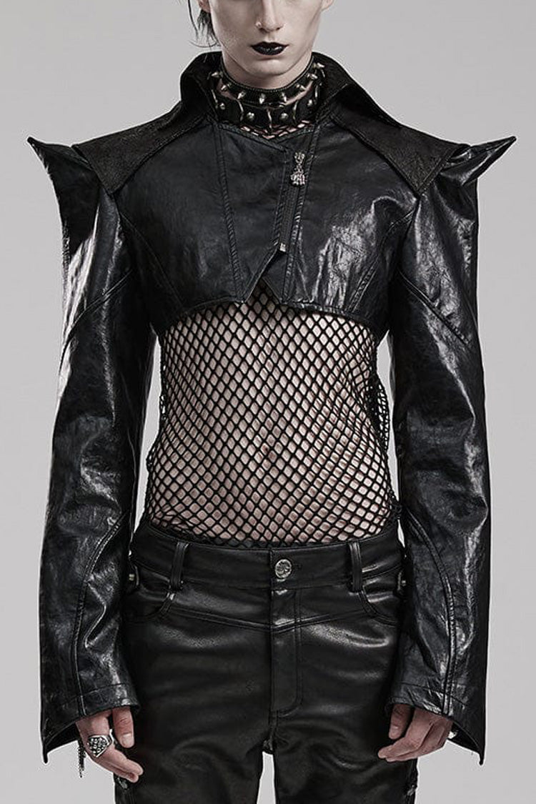 Black Stand Collar Zipper Faux Leather Sharp Shoulders Mens Steampunk Short Coat - Black - 1