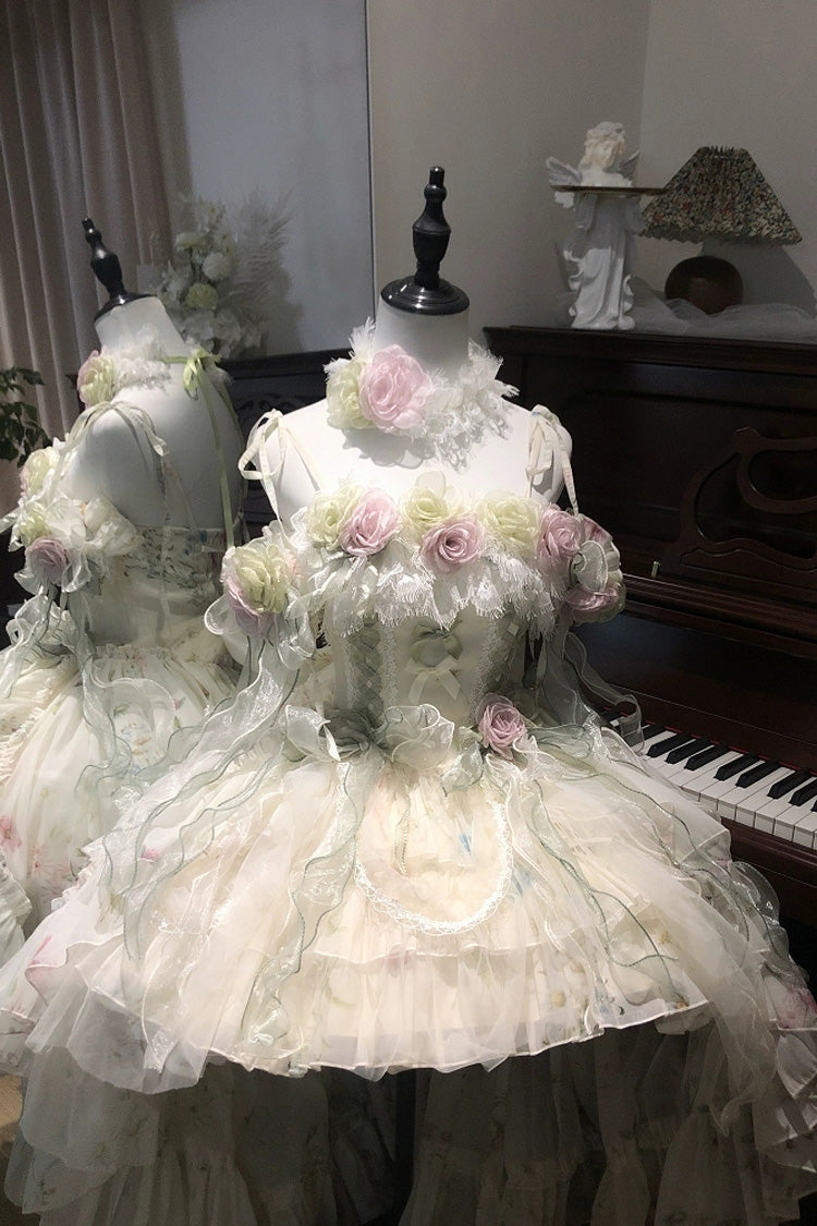 Green [Spring Rose] Sleeveless Multi-Layered Bowknot Lace-Up Fishbone Sweet Lolita Jsk Dress - Product - 3