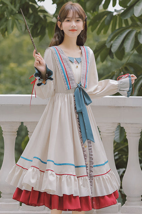 Multi-Color Square Collar Ruffled Long Sleeves Paneled Hem Sweet Lolita OP Dress - Product - 2