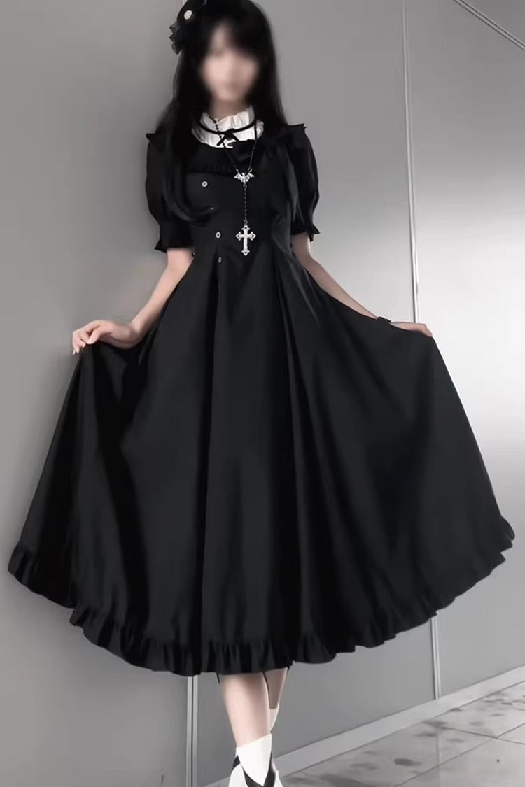 Black [Day & Night] Stand Collar Short Sleeves Ruffled Gothic Elegant Lolita Dress - Black - 1