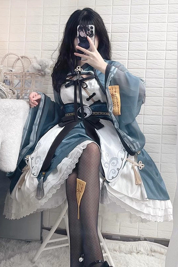 Multi-layer Little Taoist Priest Print Ruffle Sweet Chinese Style Lolita Jsk Dress 2 Colors - Product - 8