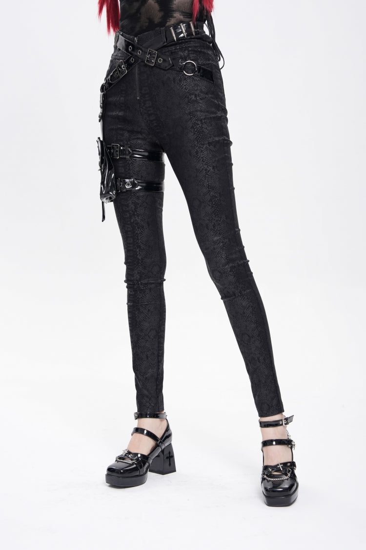 Black Print Buckle Straps Women's Punk Pants with Leg Bag - Product - 5