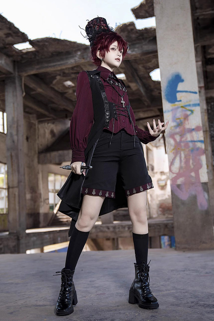 Red Lapel Collar Long Sleeves Embroidery Slim Gothic Vintage Prince Ouji Lolita Blouse - Product - 11