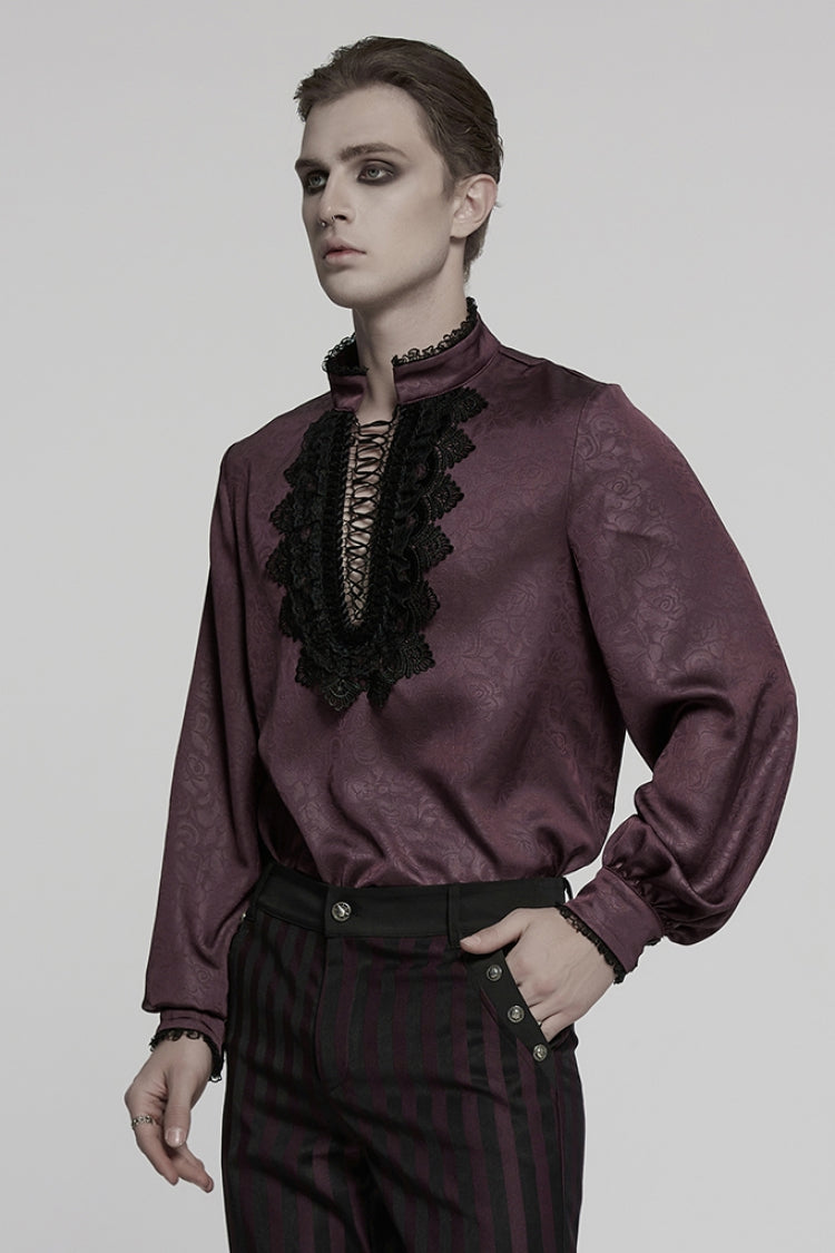 Red Stand Collar Long Sleeves Ruffle Embroidery Lace-Up Plunging Rose Men's Gothic Blouse - Product - 2