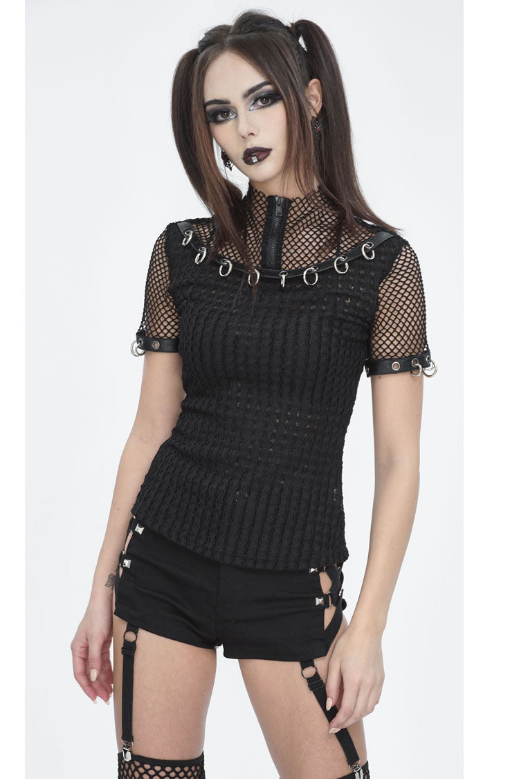 Black Mesh Rings Short Sleeved Womens Punk Top - Product - 3