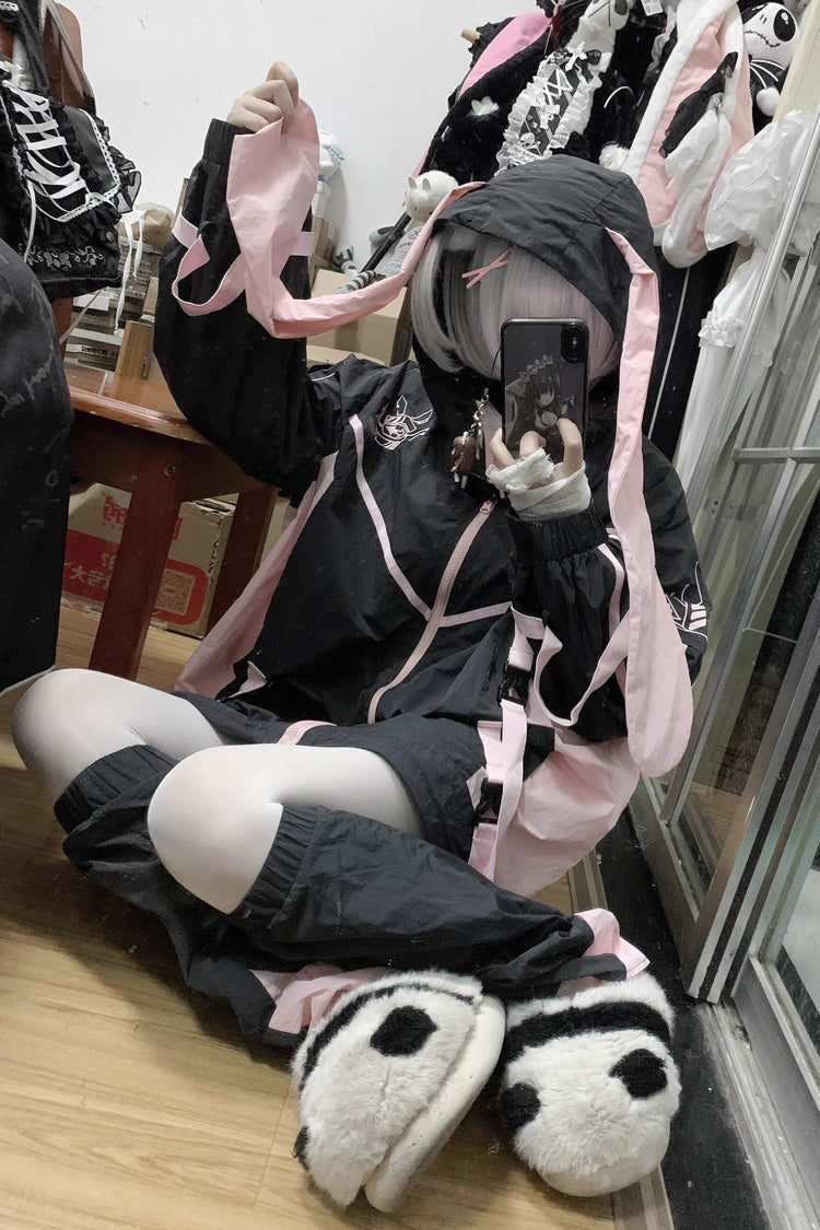 Black/Pink Chip Hacker Cyberpunk Functional Print Hooded Jirai Kei Japanese Sports Coat - Product - 4