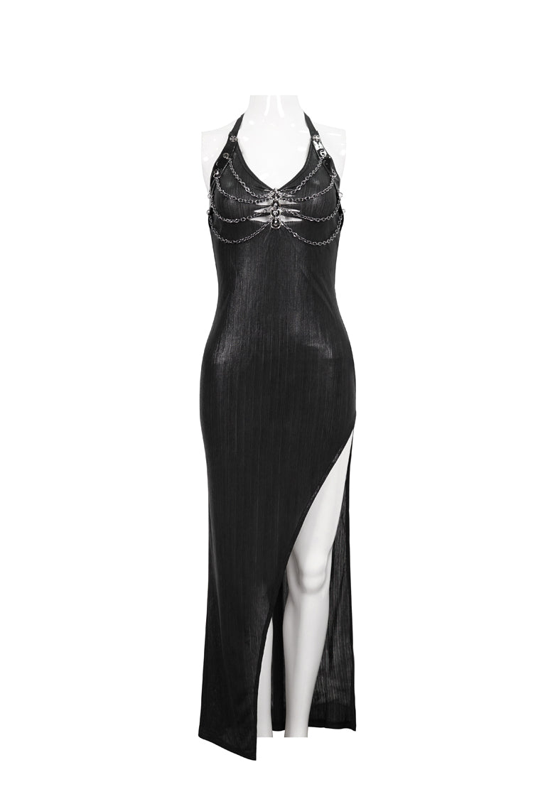 Black Chest Cutout Chain Halter Neck Lace High Slit Long Women's Punk Dress - Product - 5