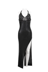 Black Chest Cutout Chain Halter Neck Lace High Slit Long Women's Punk Dress - Product - 5