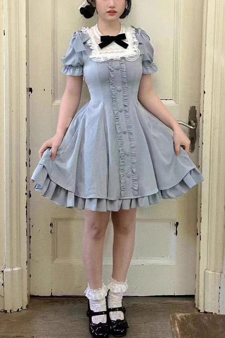 Light Blue Annie's Gift Short Sleeves Bowknot Short Version Sweet Lolita Dress (Plus Size Support) - Light Blue - 1