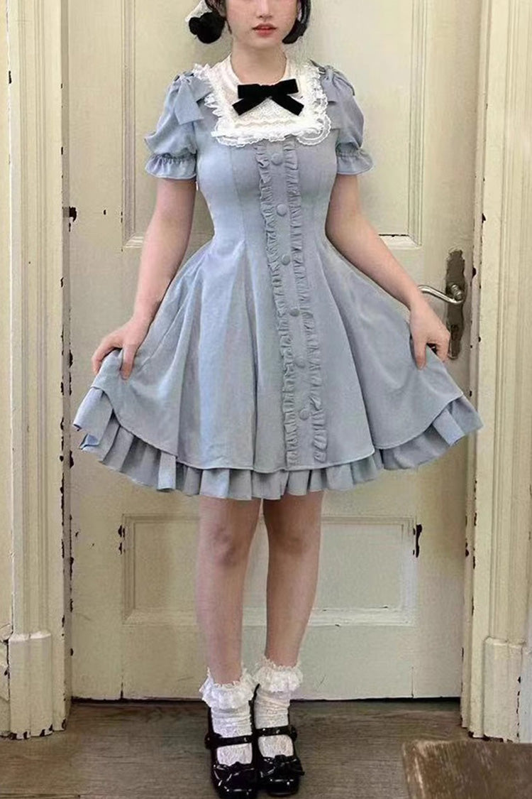 Light Blue Annie's Gift Short Sleeves Bowknot Short Version Sweet Lolita Dress (Plus Size Support) - Light Blue - 1