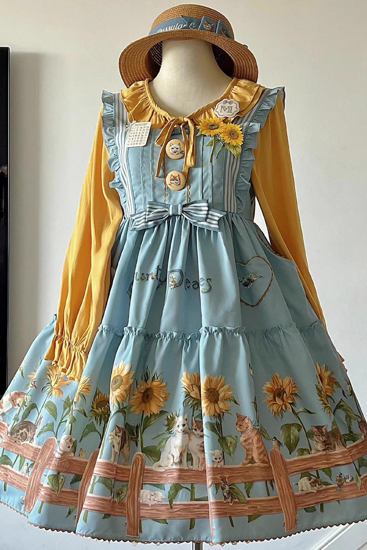 Cat and Sunflower Print Bowknot Sweet Lolita Jsk Dress 2 Colors - Product - 3