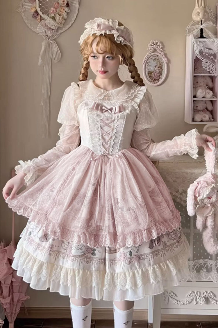 Apricot Sleeveless Rose Prologue Print Ruffle Bowknot Sweet Elegant Princess Lolita Jsk Dress - Product - 2