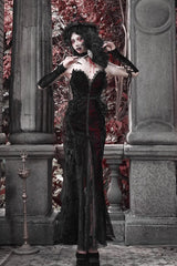 Black/Red [Scarlet Blood Peak] Sleeveless High Waisted Ruffle Embroidery Lace Gothic Lolita Fishtail Dress - Product - 10