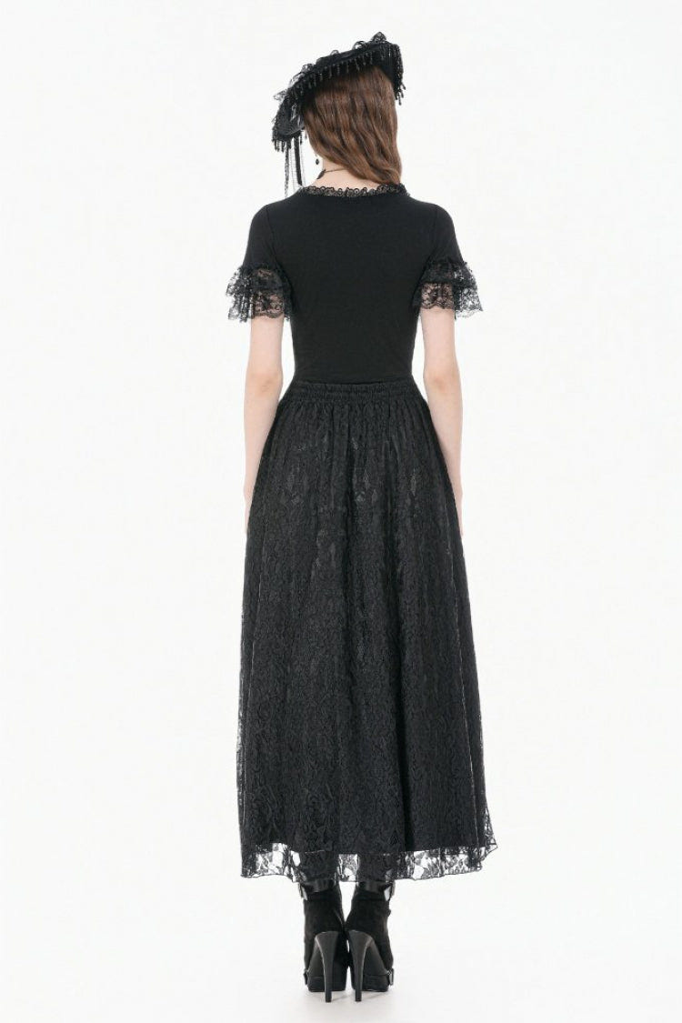 Black Women's Gothic Square Collar Double-Layered Lace Short Sleeves Embroidered Slim Fit Top - Product - 4