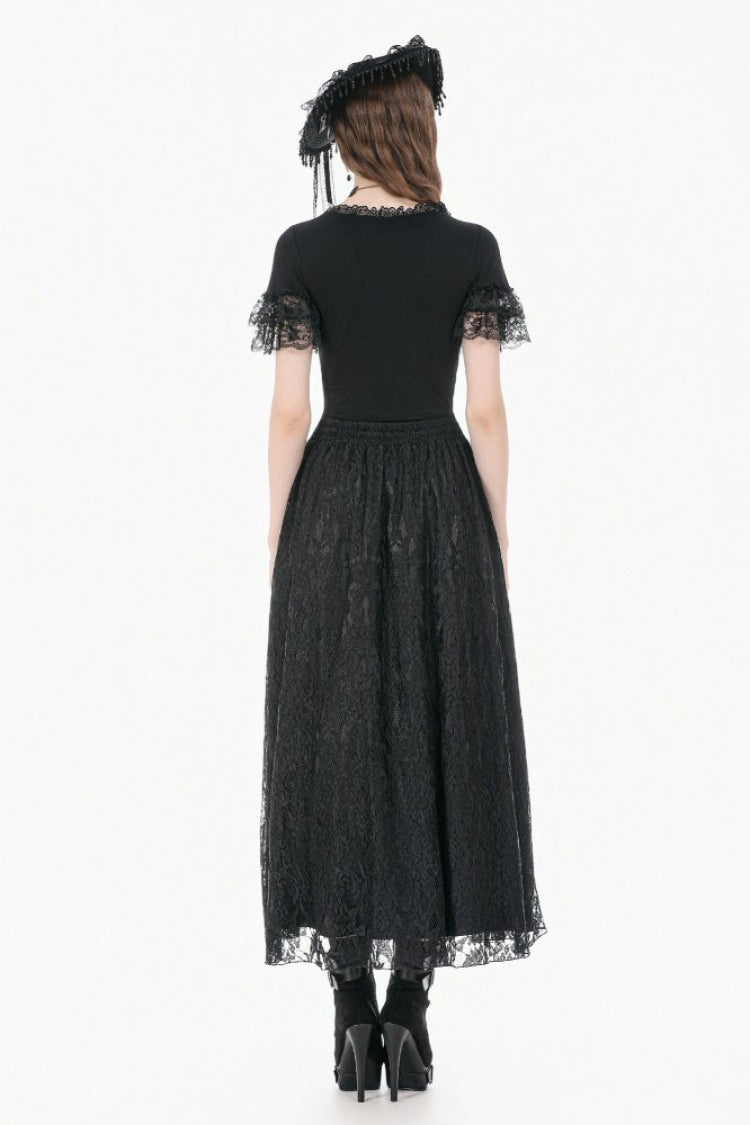 Black Women's Gothic Square Collar Double-Layered Lace Short Sleeves Embroidered Slim Fit Top - Product - 4