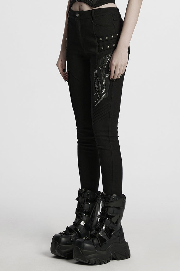 Black Studded Pleated Women's Punk Leggings - Product - 2