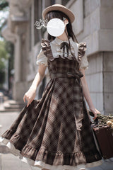 Brown [The Thames at Dusk] Print Short Sleeves Ruffle Bowknot Fake Two Pieces Vintage Lolita Dress - Product - 8