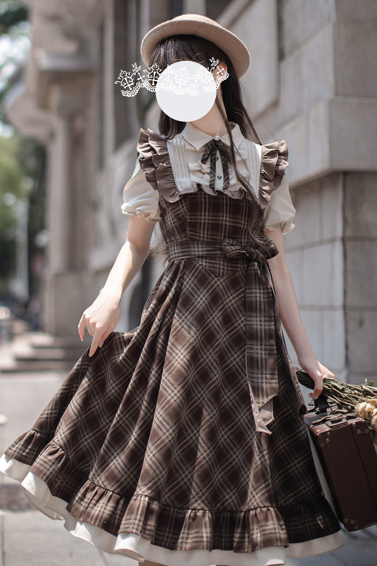 Brown [The Thames at Dusk] Print Short Sleeves Ruffle Bowknot Fake Two Pieces Vintage Lolita Dress - Product - 8